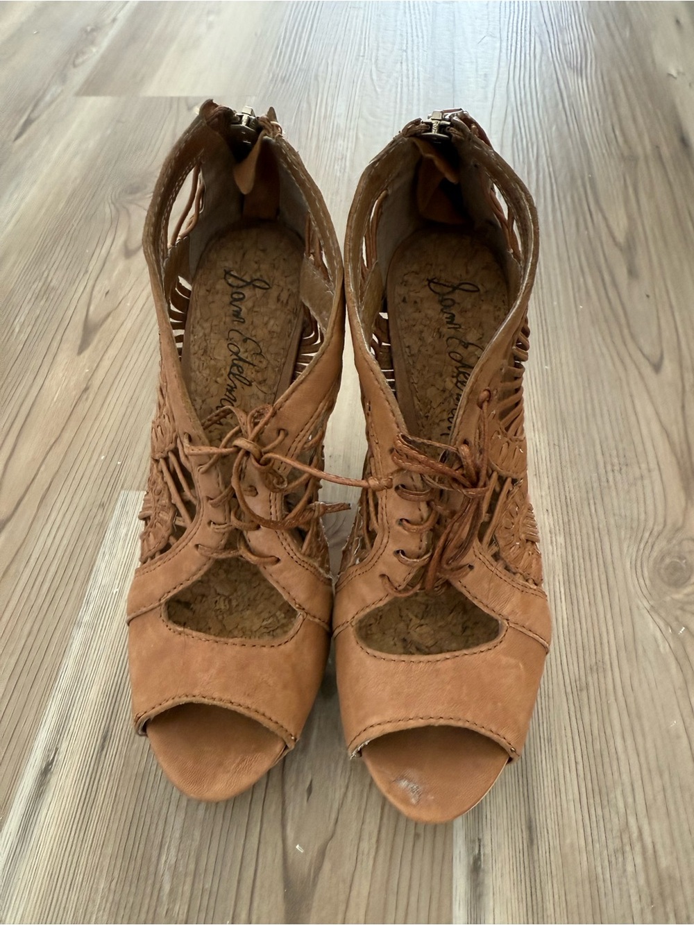 Sam Edelman Cognac Lace-Up Peep-Toe Heeled Sandals